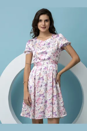 BEATNIK Floral Printed Round Neck Short Sleeve Midi Dress
