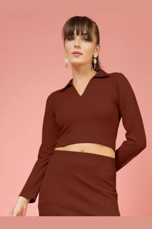 OOMPH Women V-Neck Long Sleeves Crop Casual Top