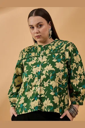 all about you Women Plus Size Floral Prined Mandarin Collar Cotton Top