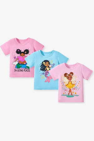 LULU & SKY Girls Printed Cotton Pack Of 3 Short Sleeves Round Neck Top