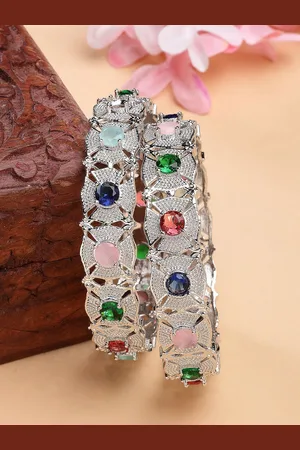 Zeneme Women Set Of 2 Rhodium-Plated Multicolor Gemstone Halo Detail Bangles
