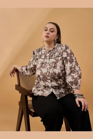 all about you Women Floral Printed Mandarin Collar Bishop Sleeves Cotton Top