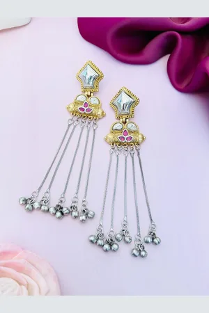 Sangria Silver-Plated Stones Studded Classic Drop Earrings