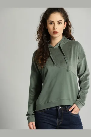 Roadster Women Olive Green Solid Hooded Sweatshirt