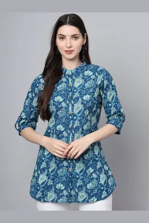 Kalini Women Cotton Floral Printed Mandarin Collar Roll-Up Sleeves Cotton Top