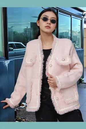 DressBerry Pink And White Checked Woollen Regular Jacket