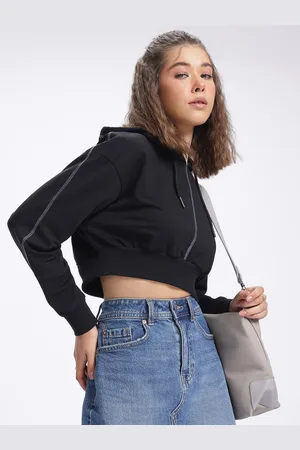 DressBerry Reversible Stitches Drop-Shoulder Sleeves Crop Hooded Sweatshirt