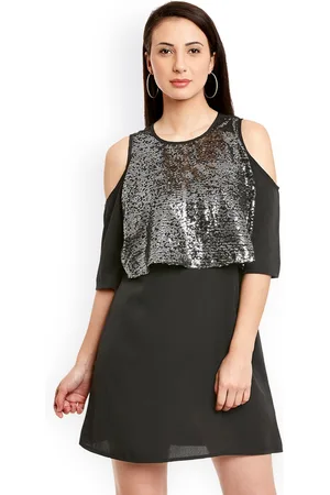 Sera Women Black Self-Design Cold-Shoulder Dress