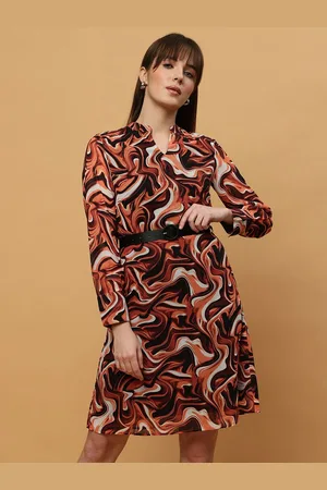 BEATNIK Animal Printed Mandarin Collar Full Sleeve Georgette A-Line Dress