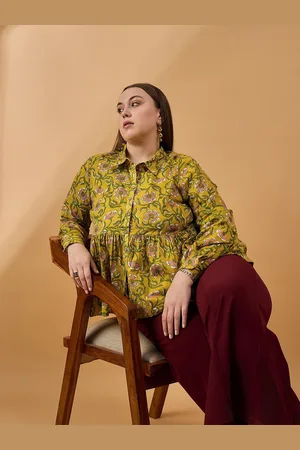 all about you Women Plus Size Floral Shirt Collar Top
