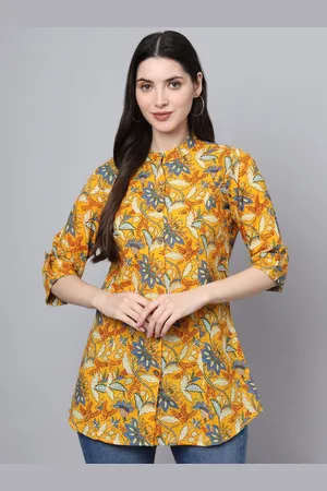 Kalini Women Floral Print Mandarin Collar Roll-Up Sleeves Ethnic Cotton Top