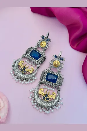 Sangria German Silver-Plated Stone Studded & Beaded Drop Earrings