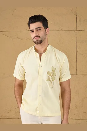 Yours Men Band Collar Floral Printed Cotton Linen Casual Shirt