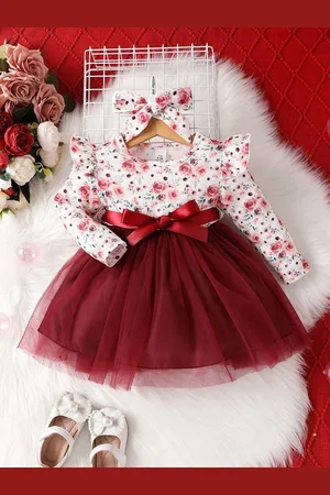 Miss & Chief Girls Floral Print Net Fit And Flare Dress With Bow