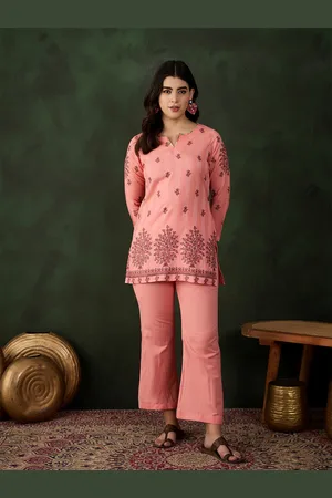 Sangria Peach Floral Self Design Round Neck Three-Quarter Sleeves Top With Trouser
