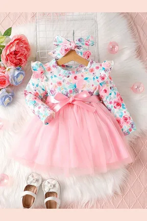 Miss & Chief Girls Floral Print Net Fit And Flare Dress With Bow