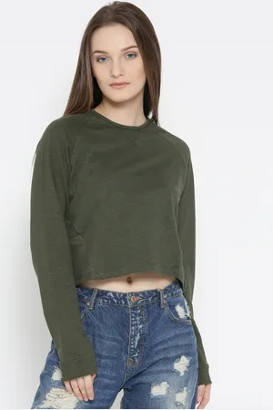 Roadster Women Olive Green Crop Sweatshirt