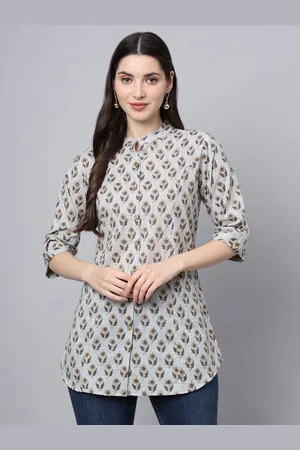 Kalini Women Floral Printed Mandarin Collar Roll-Up Sleeves Cotton Top