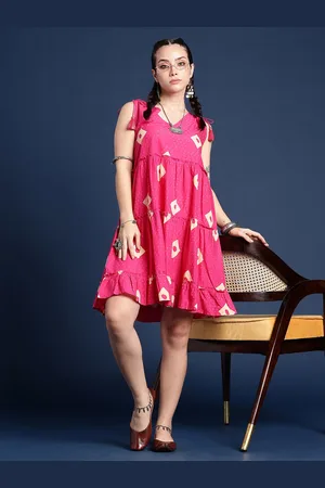 Taavi Pure Cotton V-Neck Tie-Up Gathers Sleeveless A-Line Bindu Ethnic Dress