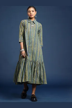 Taavi Dabu Shirt Collar Striped Midi Pure Cotton Ethnic Dress