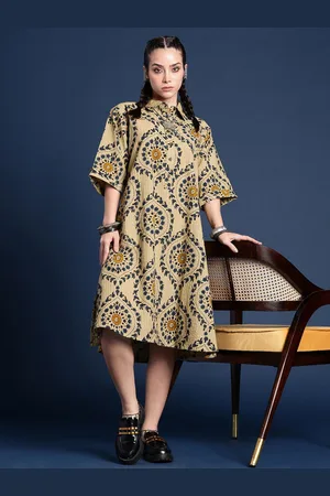Taavi Indie-Floral Print Shirt Collar A-Line Bagru Ethnic Dress