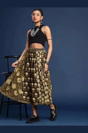 Taavi Women Pure Cotton Floral Printed Bagru Flared Midi Skirt