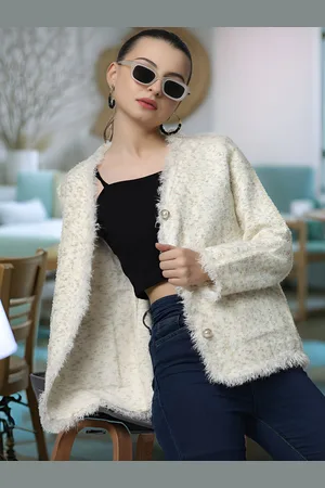 DressBerry Beige And White Self Design Long Sleeves Woolen Overcoat
