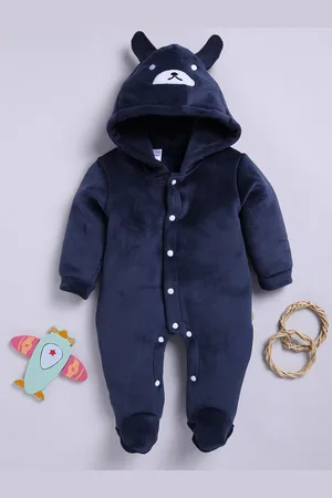 Moms Love Infant Boys Pure Cotton Velvet Finish Hooded Sleepsuit