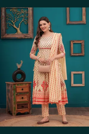 JC4U Floral Printed Pure Cotton Gotta Patti Anarkali Kurta With Trousers And Dupatta