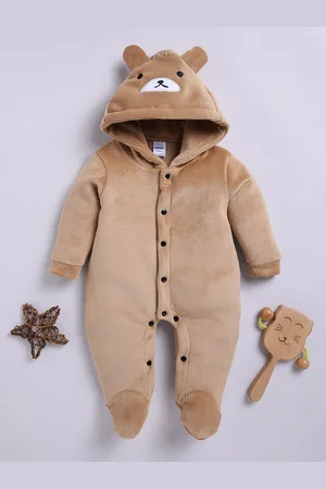 Moms Love Infant Boys Pure Cotton Velvet Finish Ribbed Hooded Sleepsuit
