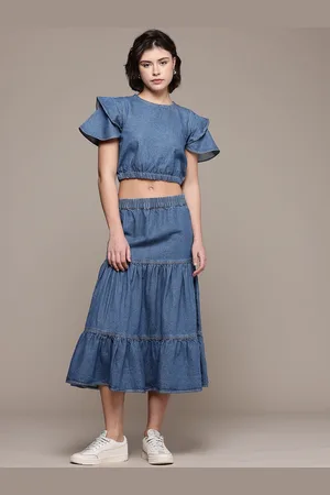 Roadster The Life Co. Denim Pure Cotton Ruffled Top with Tiered Skirt