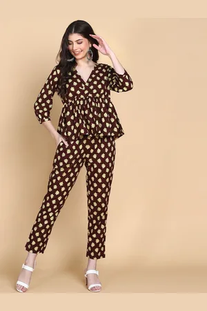 HERE&NOW Printed V-Neck Three-Quarter Sleeves Pure Cotton Top & Trouser