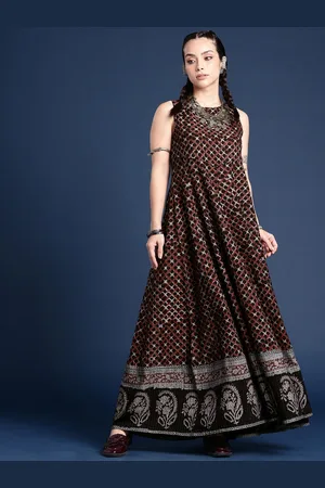 Taavi Paisley Indie-Floral Print Sleeveless Maxi Bagru Ethnic Dress