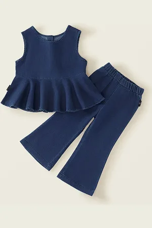 LULU & SKY Girls Round Neck Denim Peplum Top with Trousers