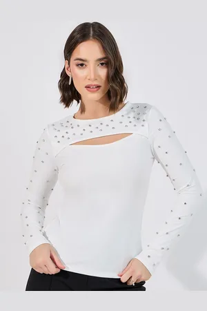 Styli Off White Embellished Round Neck Long Sleeves Cut-Out Detail Fitted Top