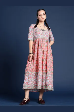 Taavi Pure Cotton Indie-Floral Print Maxi Sanganeri Folk Ethnic Dress