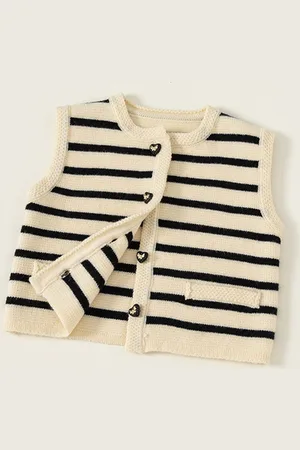 LULU & SKY Girls Striped Sleeveless Front-Open Sweater