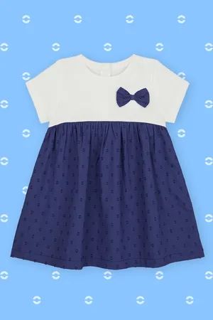 Mothercare Infant Girls White & Navy Blue Self Design A-Line Dress