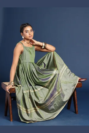 Taavi Smocked Printed Flared Midi Festive Ethnic Dresses