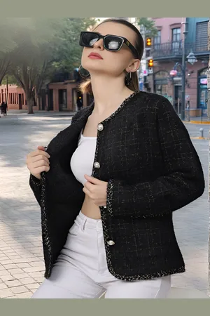DressBerry Black Checked Long Sleeves Woolen Overcoat