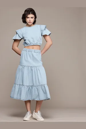 Roadster The Life Co. Denim Pure Cotton Ruffled Top with Tiered Skirt