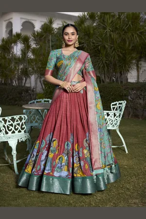 LOOKNBOOK ART Kalamkari Printed Ready to Wear Lehenga & Unstitched Blouse With Dupatta