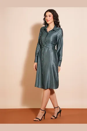 Globus Geometric Printed Cuffed Sleeves Formal Fit and Flare Midi Dress come with Belt