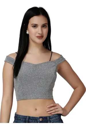 Popwings Women Self Design Shimmer Sleeveless Crop Top