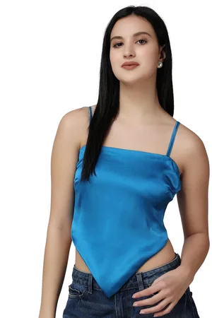 Popwings Women Satin Shoulder Strep Sleeveless Styled Back Crop Top