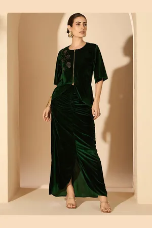 Antheaa Velvet Embellished Shirt Sleeves Top with Skirt
