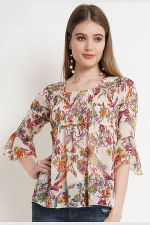 Popwings Women Floral Print Bell Sleeve Chiffon Peplum Top