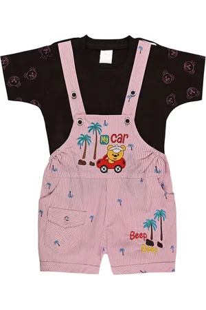 Wish Karo Infant Boys Embroidered Cotton Dungarees With Printed T-shirt