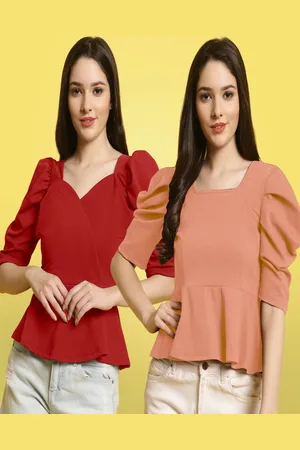 Metronaut Women Pack Of 2 Solid Squar Neck Puff Sleeves Crop Tops
