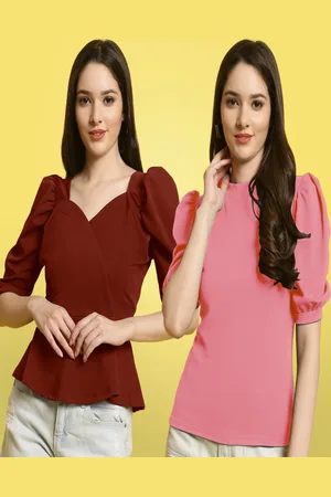 Metronaut Women Pack Of 2 Solid Sweetheart Neck Short Sleeves Puff Sleeves Crop Tops